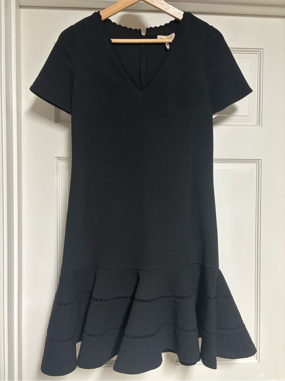 Rebecca Taylor Black Textured V-Neck Mini Dress with Flounce Hem Rebecca Taylor